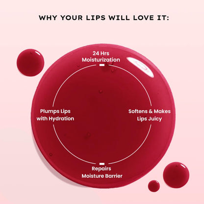 Red circular product with text on a pink background, highlighting lip care benefits.