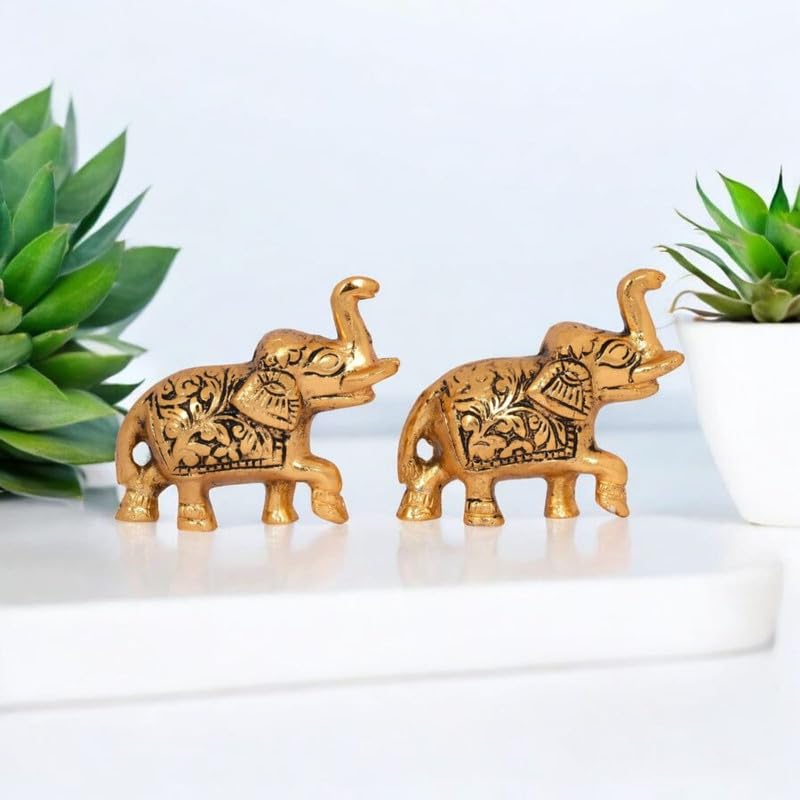 Oxidised Metal Miniature Elephant Pair Decorative Showpiece | Elephant Trunk Up Idol for Living Room Temple Office Table | Vastu Feng Shui Home Decor | 7.5X2.5X5.5 Cm (Regular Quality)