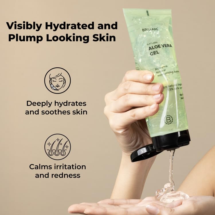 Brillare Aloe Vera Gel for Skin, Face & Hair | Natural Hydration, Soothing & Frizz Control | Pure Aloe Vera Gel for Glowing Skin & Smooth Hair