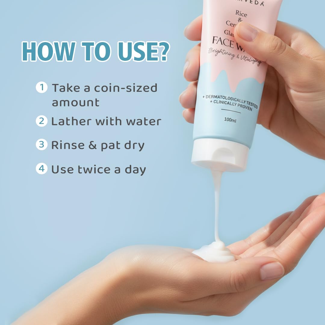 Glamveda Korean Rice Water Face Wash for Men & Women | Rice Extract & Ceramide Face Cleanser for Dry & Sensitive Skin | Hydrating Face Wash for Brightening, Even Skin Tone & Healthy Glowing Skin | 100ml