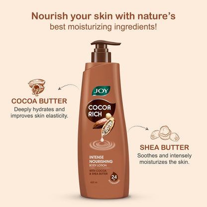 Joy Cocoa Rich Intense Nourishing Winter Body Lotion (600ml) | 24 Hour Nourishment | With Shea Butter & Cocoa Butter | Suitable for Normal to Dry Skin | Non Sticky & Non Greasy Lightweight