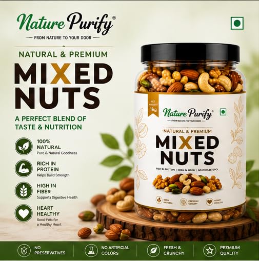 Nature Purify Premium Mix Dry Fruits | Almonds, Cashews, Kishmish, Apricots & Seeds Mix | Fresh Crunchy Nut & Fruit Combo Pack for Snacking & Gifting | Jar Pack Of 1