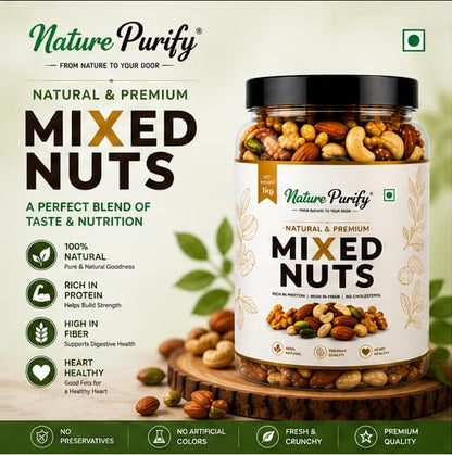 Nature Purify Premium Mix Dry Fruits | Almonds, Cashews, Kishmish, Apricots & Seeds Mix | Fresh Crunchy Nut & Fruit Combo Pack for Snacking & Gifting | Jar Pack Of 1