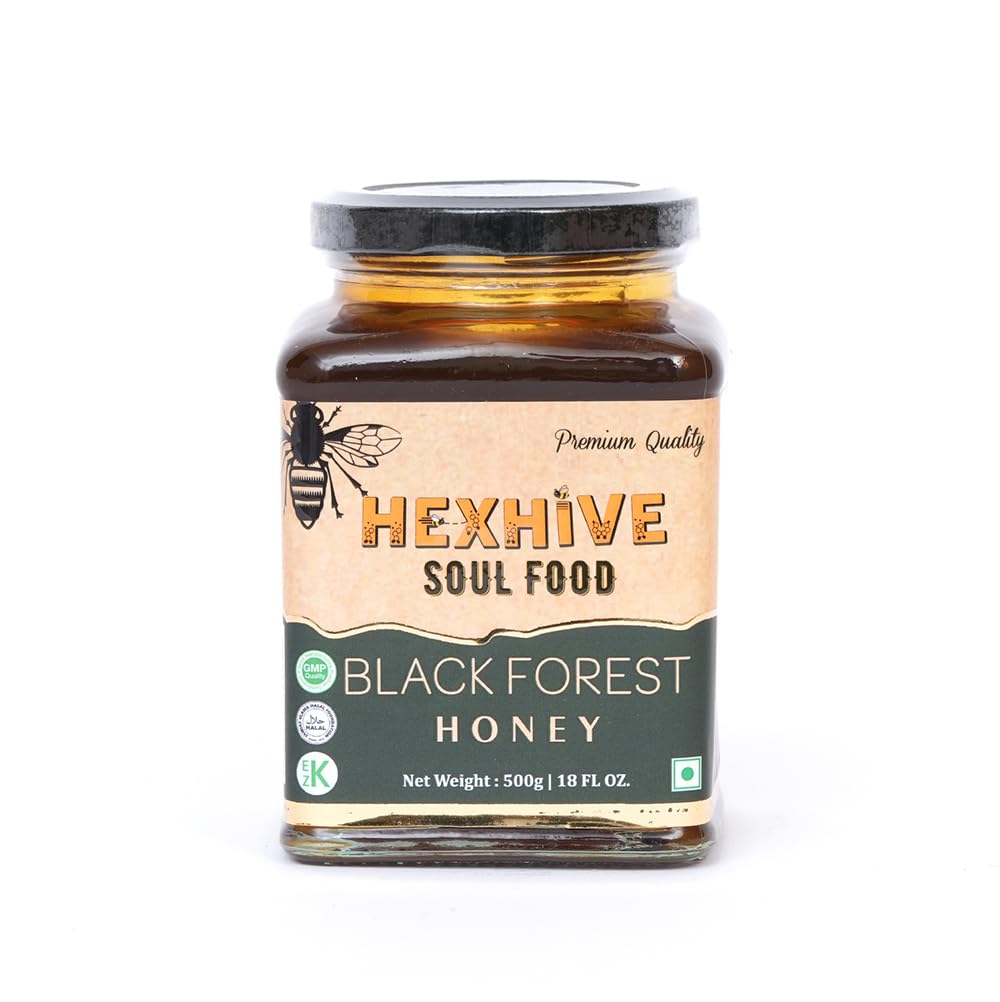 Jar of Hexhive Black Forest Honey on a white background