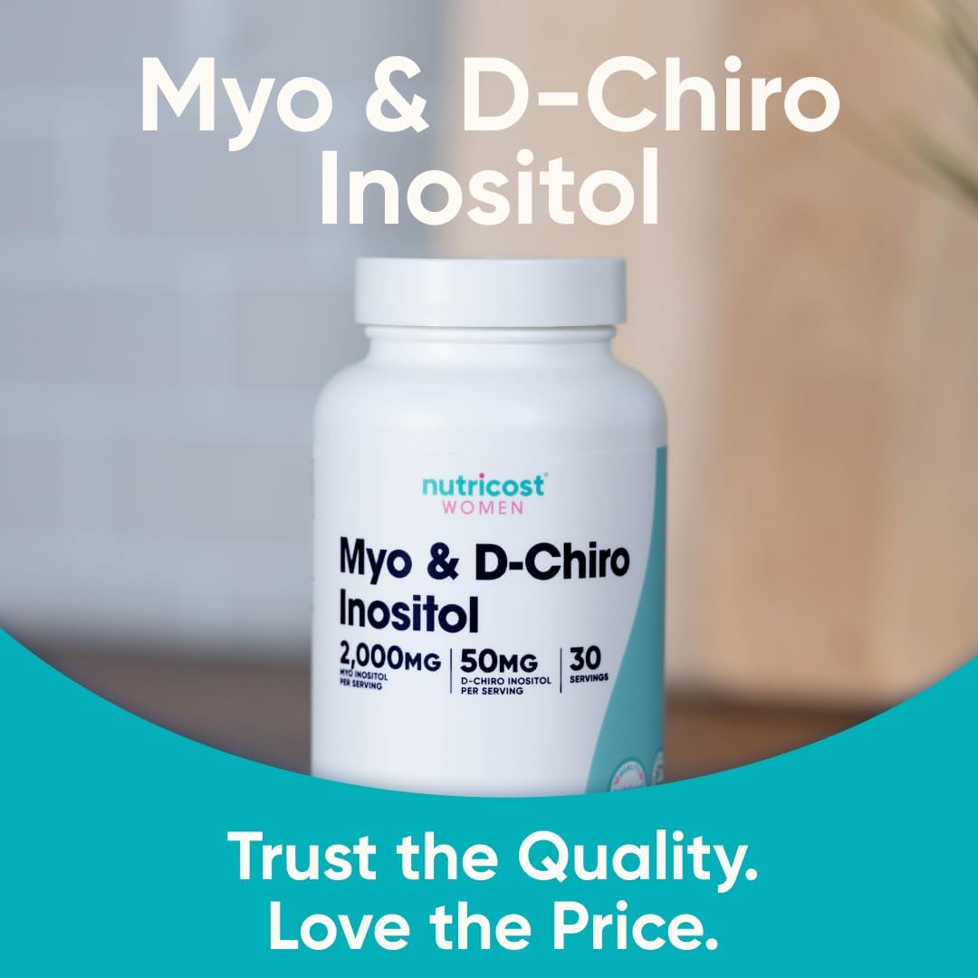 Nutricost Myo & D-Chiro Inositol supplement bottle with text on a blurred background