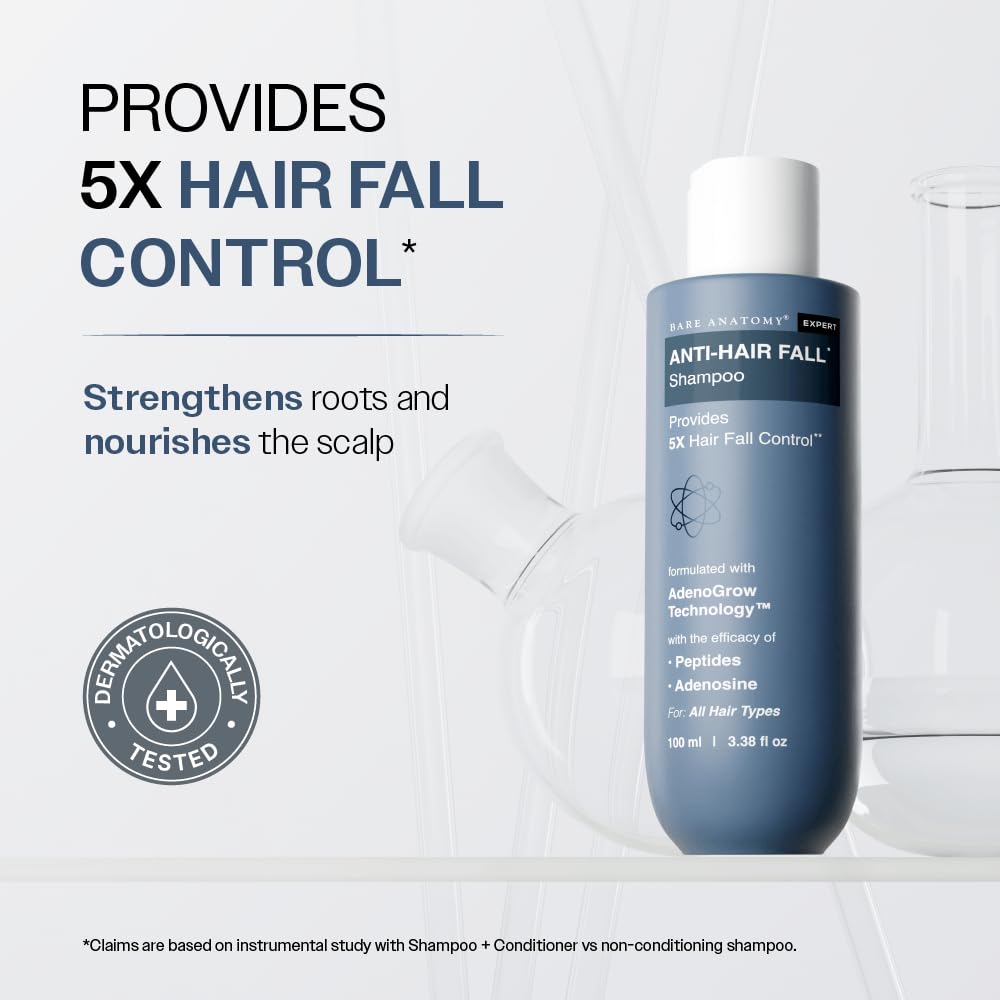 Bottle of Anti-Hair Fall Shampoo with text highlighting hair fall control and scalp nourishment on a white background.