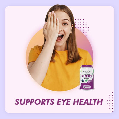 Woman with a surprised expression next to a bottle of bilberry extract on a light purple background