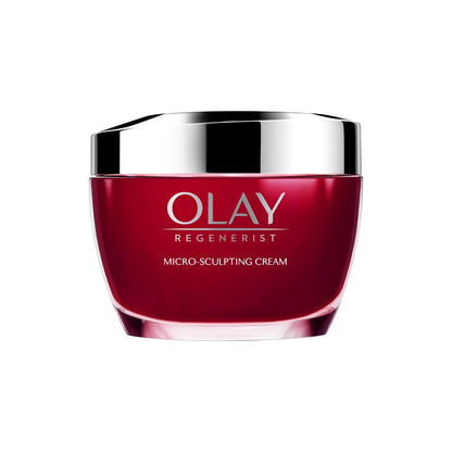 Red jar of Olay Regenerist Micro-Sculpting Cream on a white background