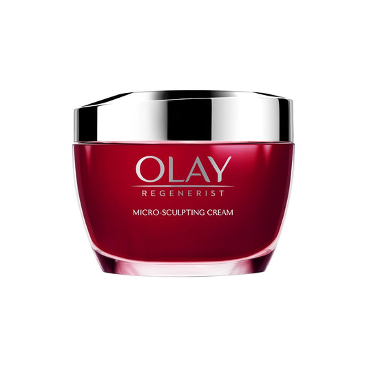 Red jar of Olay Regenerist Micro-Sculpting Cream on a white background