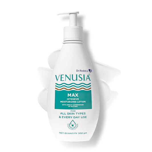 Dr. Reddy's Venusia Max Intensive Moisturizing Lotion | Dermatologist Recommended | Clinically Proven, Long-Lasting Moisturization | For Normal to Very Dry Skin | Cocoa Butter, Shea Butter, Mango Butter and Aloe Butter | 300 g
