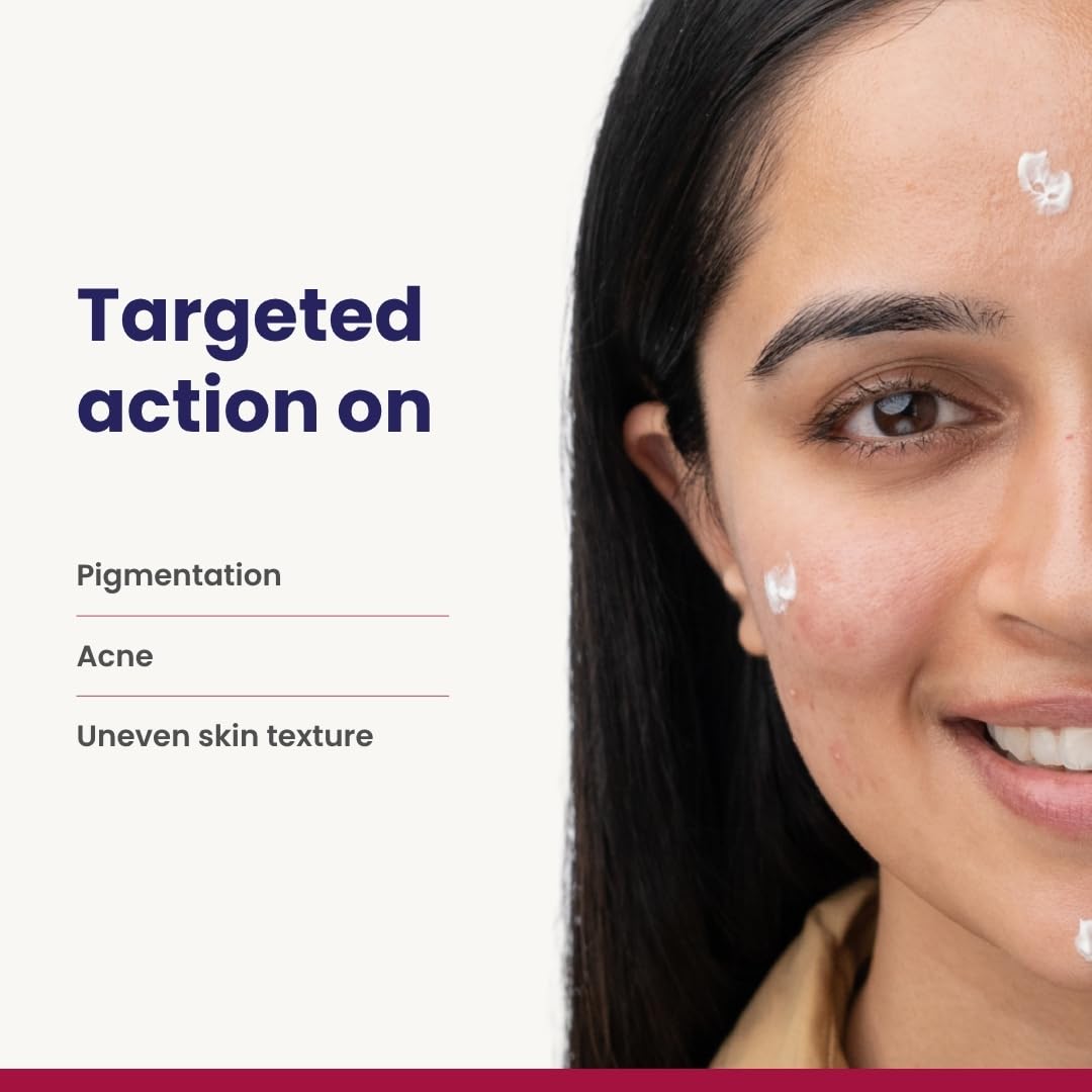 Woman with skincare product on her face, targeting pigmentation, acne, and uneven skin texture.