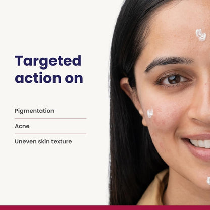 Woman with skincare product on her face, targeting pigmentation, acne, and uneven skin texture.