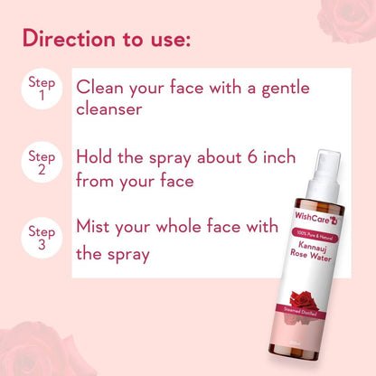 WishCare Kannau Rose Water spray bottle with usage instructions on a pink background