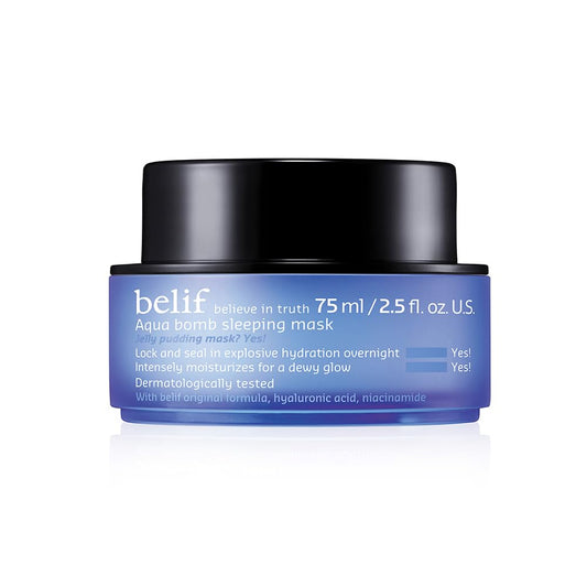 Blue and black jar of belif Aqua Bomb Sleeping Mask on a white background