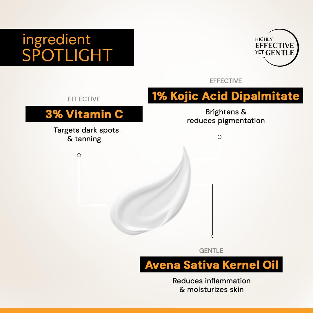 Product ingredient spotlight with 3% Vitamin C, Kojic Acid Dipalmitate, and Avena Sativa Kernel Oil on a white background.
