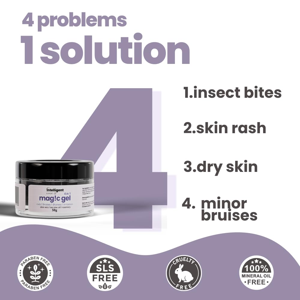 Jar of 'Intelligent' magic gel with text about its uses on a white background