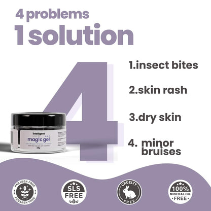 Jar of 'Intelligent' magic gel with text about its uses on a white background