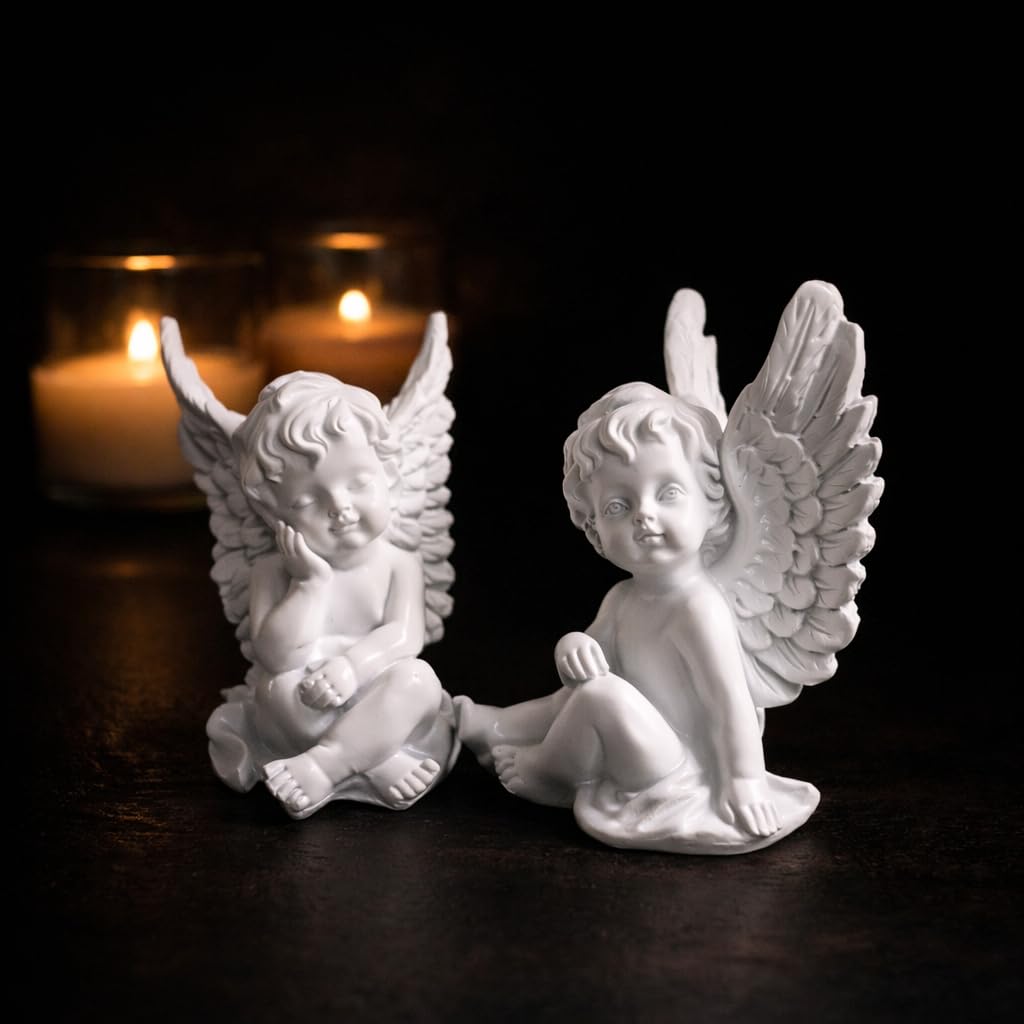 White Angel Cherub Figurine Set – Elegant Home Decor Showpiece for Living Room, Bedroom & Office | Premium Decorative Statue for Anniversary, Housewarming, Birthday & Wedding