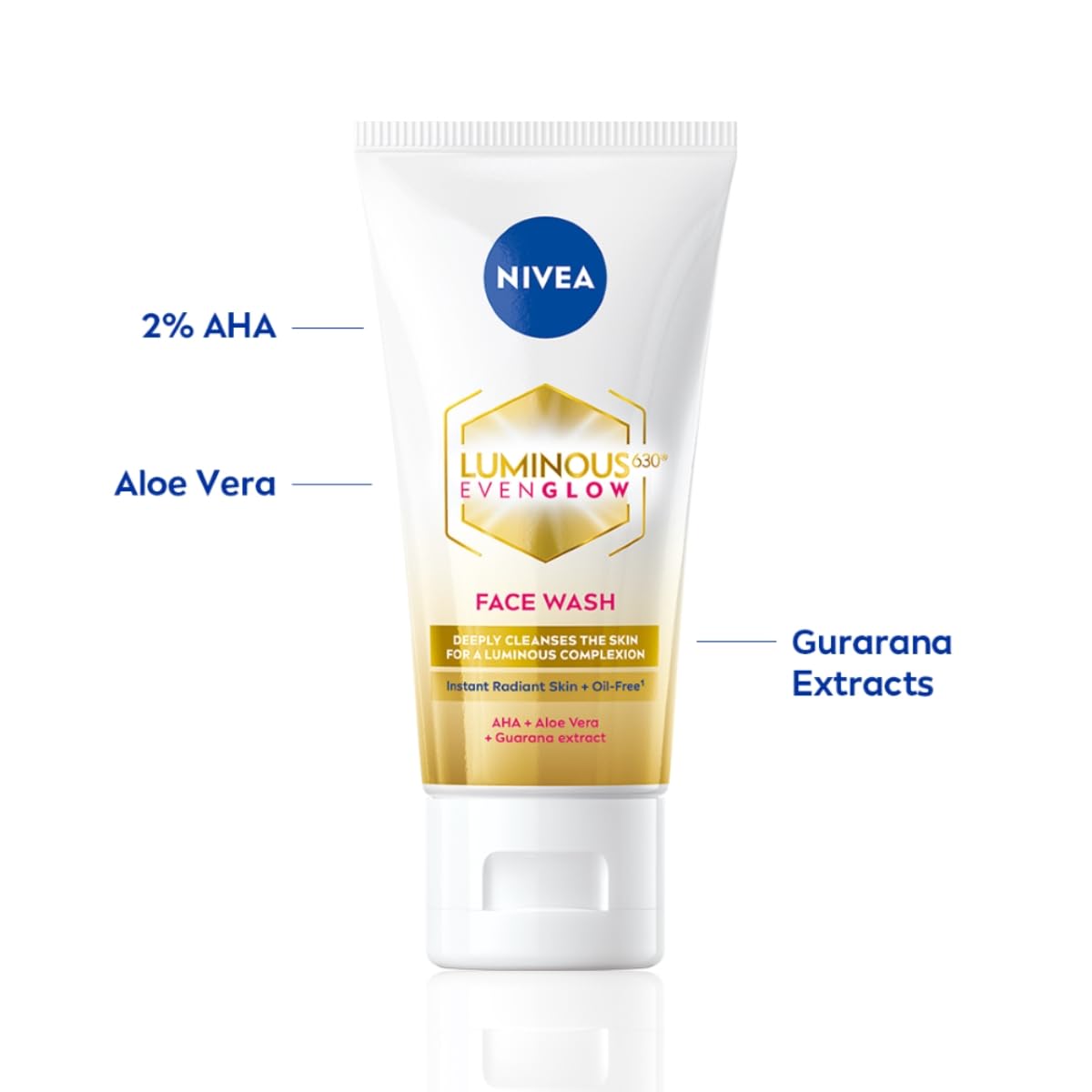 NIVEA Luminous Even Glow 2% AHA Face Wash | Oil-Free Cleanser with Aloe Vera & Guarana Extracts | Deep Cleansing Face Wash for Oily, Normal & Sensitive Skin | Exfoliating Brightening Face Cleanser for Women & Men | 100ml