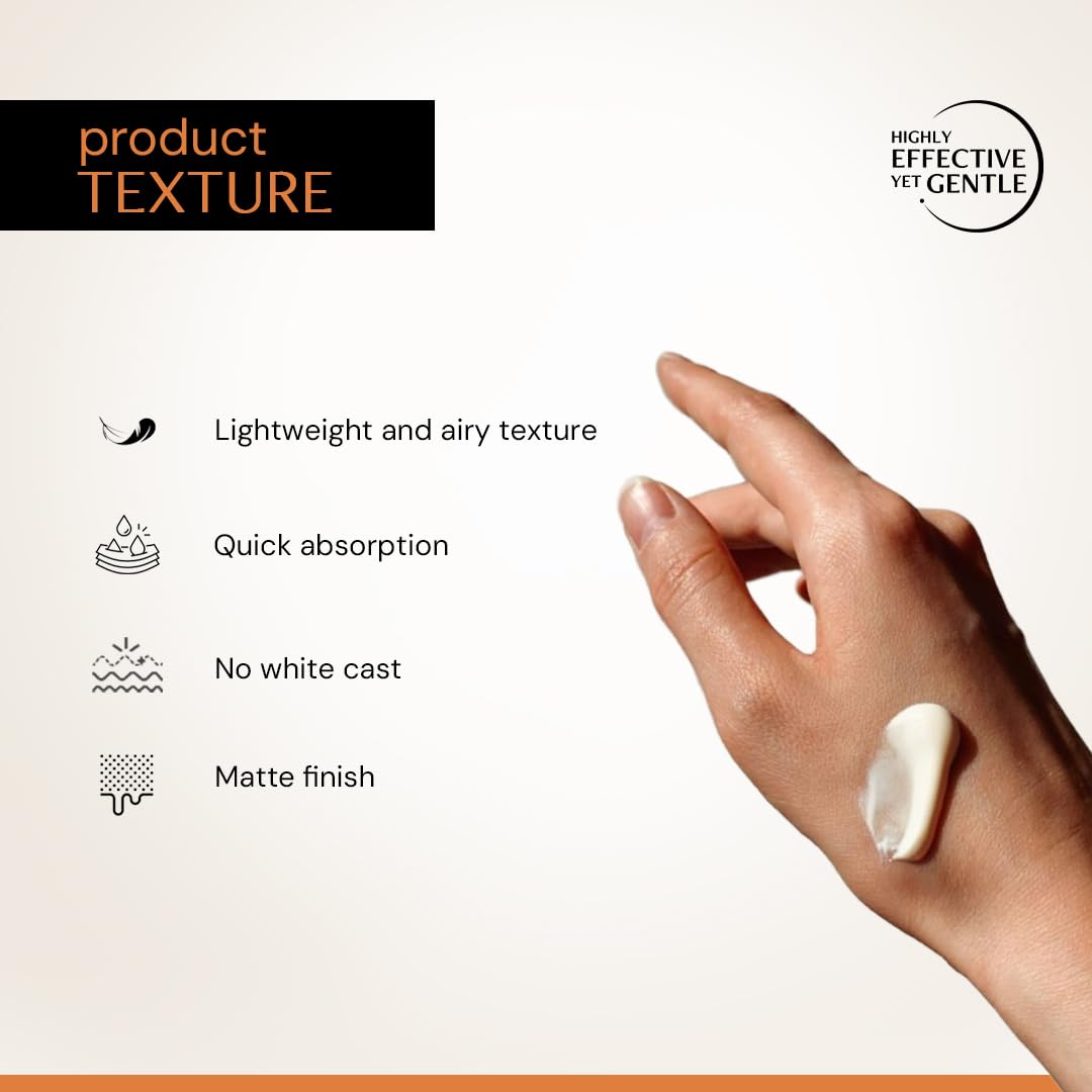 Hand applying cream with product texture features listed on a beige background