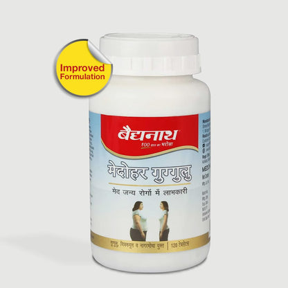Baidyanath Mevohar Guggulu bottle with a yellow 'Improved Formulation' label on a white background