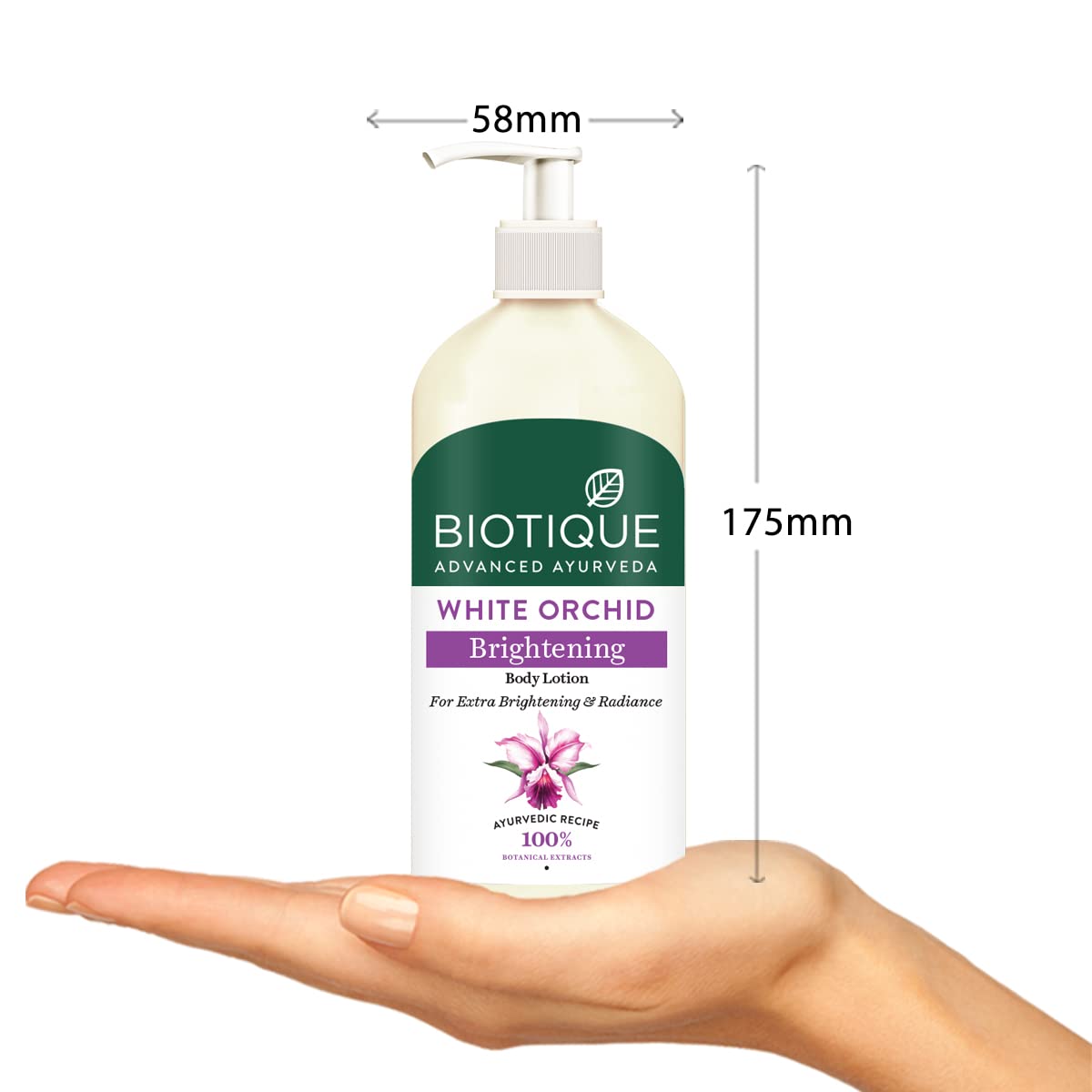Biotique White Orchid Brightening Body Lotion on a hand with measurements