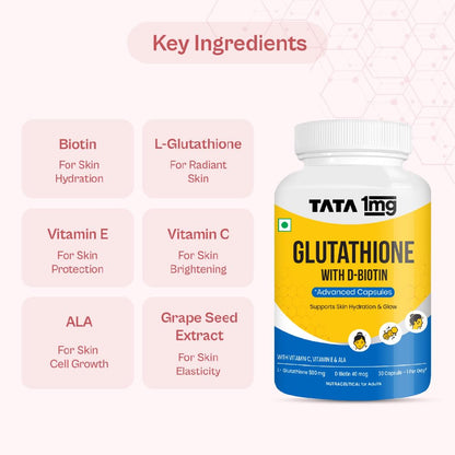 TATA 1MG 1MG Tata Glutathione Advanced Capsule with Vitamin C E Biotin Grape Seed Extract For Skin Glow Hydration Radiance Pack of 30 Tablets