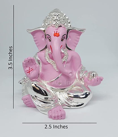 Gold Art India Silver Pink Plated Gaddi Ganesha for Car Dashboard Ganesha Murti Ganpati Idol for Home Decor Puja Lord Ganesh Statue Gift for Office Desk Puja Room Figurine
