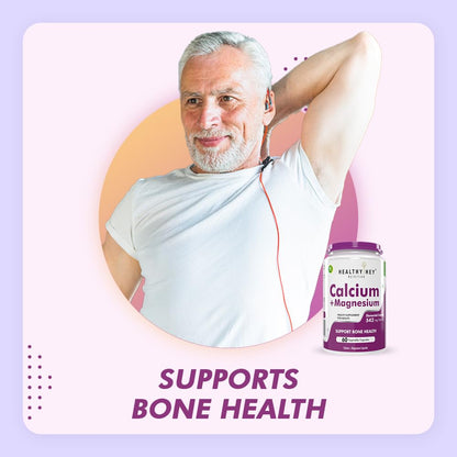 Man stretching with a supplement bottle labeled 'Calcium + Magnesium' on a light purple background