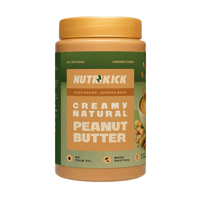NUTRIKICK Natural Creamy Peanut Butter | 100% Roasted Peanuts | No Added Sugar or Salt | High Protein Vegan Nut Spread| Zero Trans Fat & Non-GMO | Perfect for Keto, Gym & Weight Loss