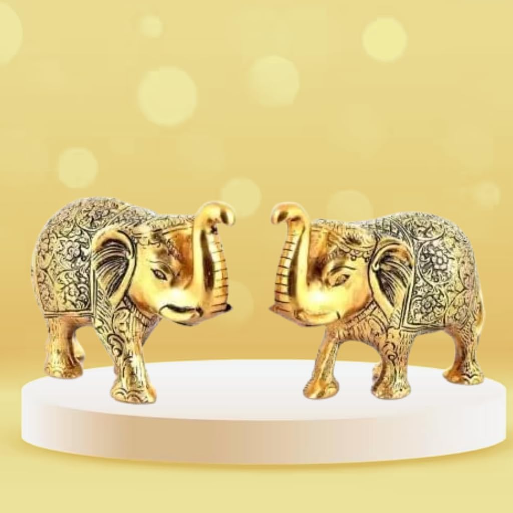 Kalakriti Metal Elephant Statue Small Size Gold Polish 2 pcs Set Enhance Your Home | Car | Office | Table | Article | Animal Decorative Showpiece Figurines for Best Gifting (15X9X4 CM), Golden