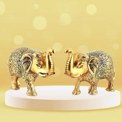 Kalakriti Metal Elephant Statue Small Size Gold Polish 2 pcs Set Enhance Your Home | Car | Office | Table | Article | Animal Decorative Showpiece Figurines for Best Gifting (15X9X4 CM), Golden