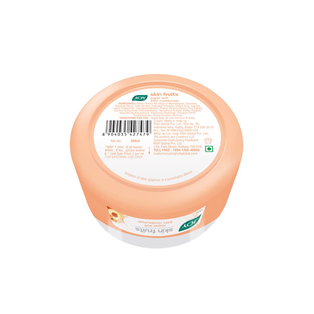 Joy Skin Fruits Super Soft Moisturizer With Peach & Hyaluronic Acid (200ml) | Skin Cream for 24 Hr Moisturization of Face, Hands & Body | Oil Free Hydration For Soft & Smooth Skin