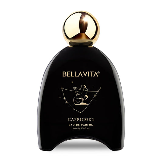 Black Bellavita Capricorn perfume bottle with gold cap on a white background