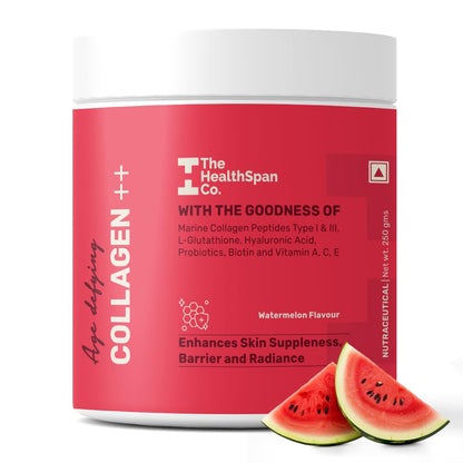 The Healthspan Co. Pure Korean Marine Collagen 250g for Skin, Hair, Nails, Bones & Joints, Hydrolyzed Collagen I & III Powder with Biotin, Hyaluronic Acid & L-Glutathione for Women & Men, Watermelon Flavor, 25 Serves