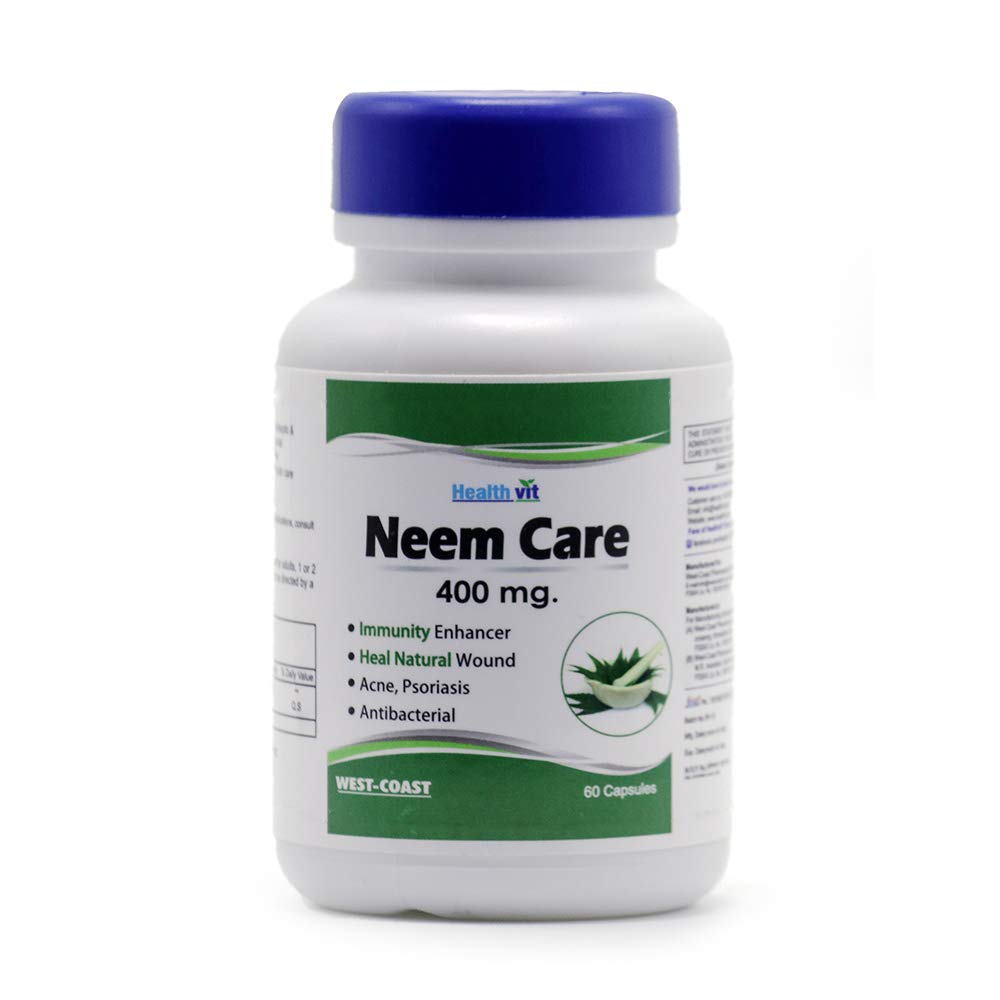 Bottle of Healthvit Neem Care 400 mg capsules on a white background