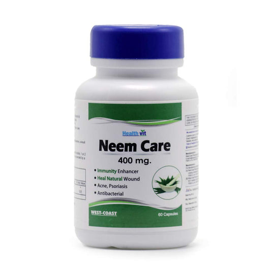 Bottle of Healthvit Neem Care 400 mg capsules on a white background