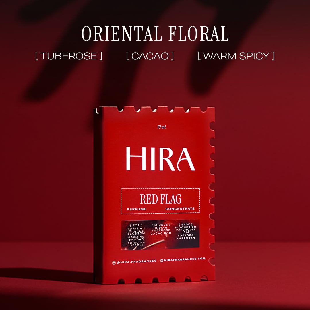 Red HIRA perfume packaging on a red background with 'Oriental Floral' description.