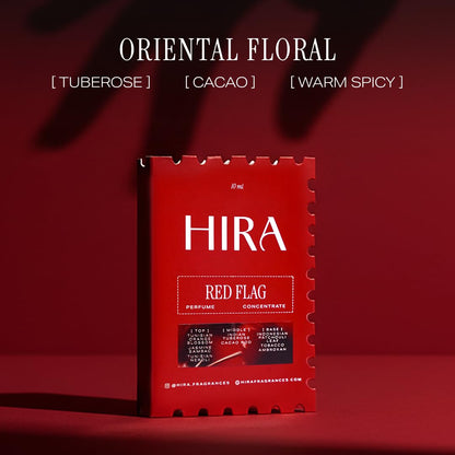 Red HIRA perfume packaging on a red background with 'Oriental Floral' description.