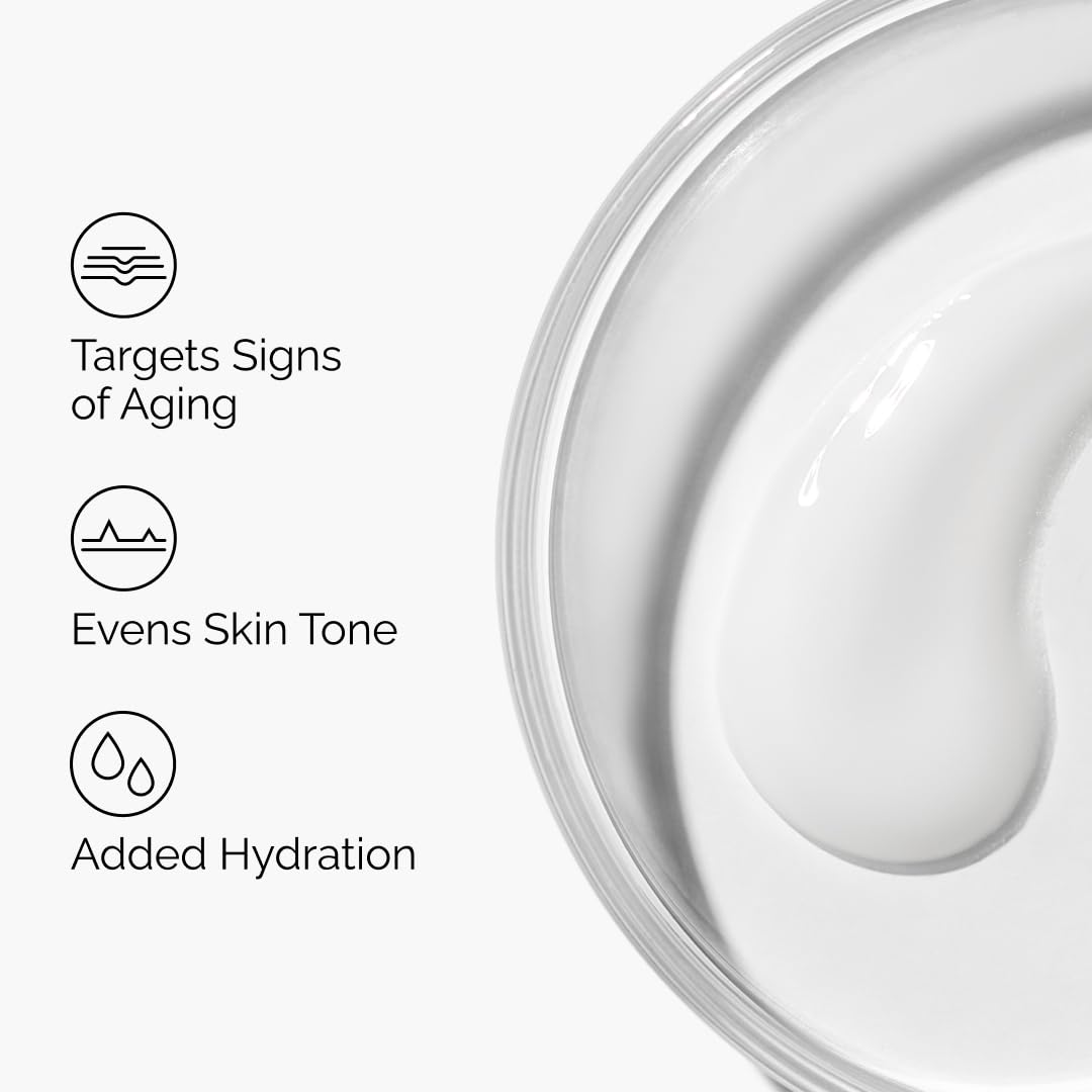 Close-up of a skincare product with text highlighting its benefits on a white background