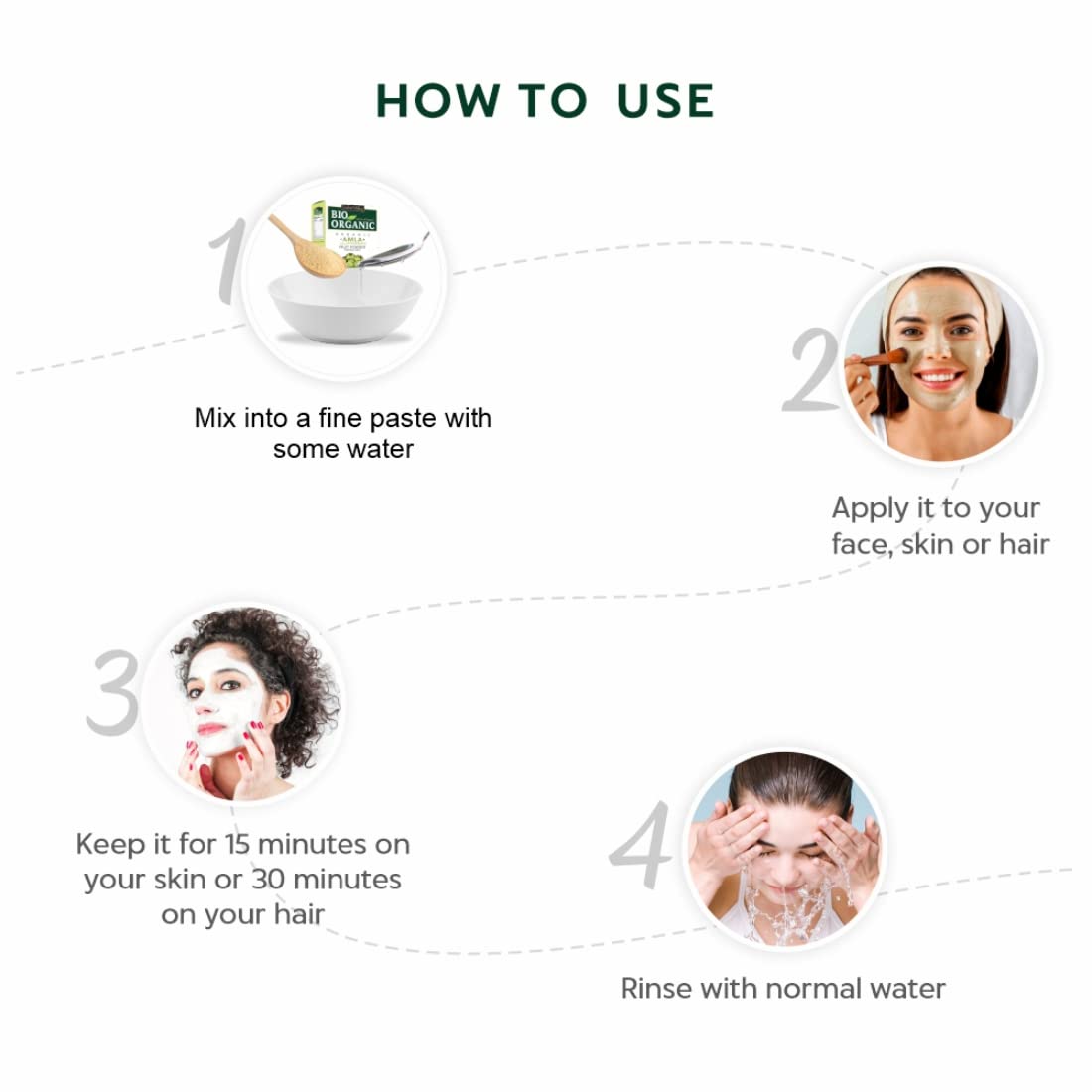 Instructions on how to use a face mask with step-by-step illustrations and text.