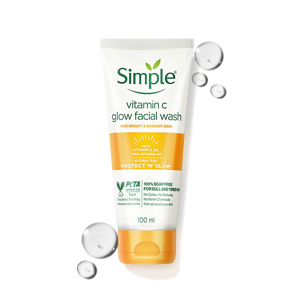 Simple vitamin C glow facial wash tube on a white background