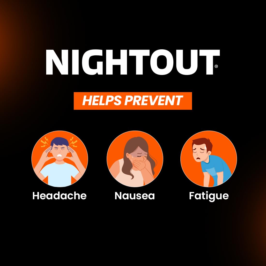 Advertisement for NIGHTOUT showing icons of a person with headache, nausea, and fatigue on a black background.