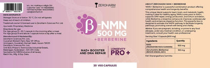 ZEROHARM NMN 500 MG + Berberine Capsules | Longevity Supplement | 99.5% Pure NMN | Boosts Energy, Focus & Cellular Health | NAD+ Booster | 30 Veg Capsules | For Men & Women