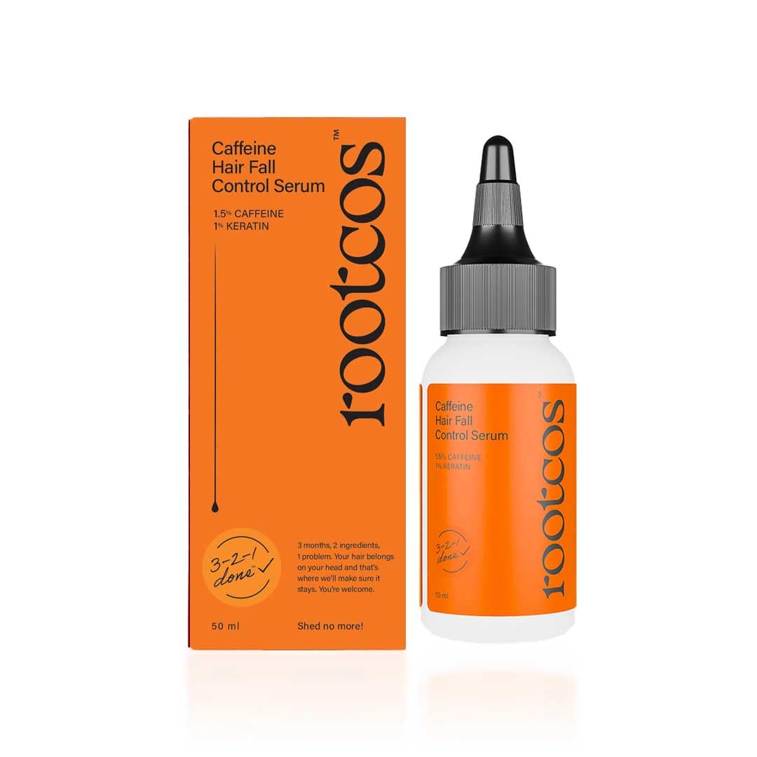Rooticos caffeine hair fall control serum with packaging on a white background