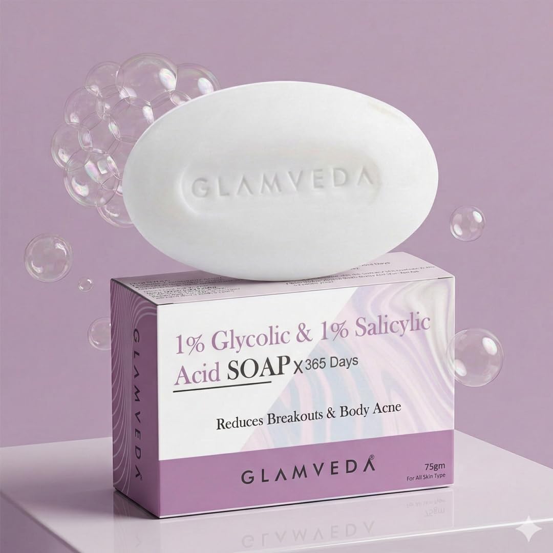 Glamveda Anti Acne 1% ww Glycolic Acid & 1% ww Salicylic Acid Soap | Reduces Dark Spots, Acne Scars & Hyperpigmentation - 75gm Pack of 1