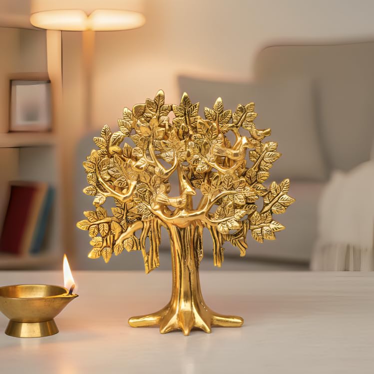 Metal Kalpavriksha Tree for Home Decor - Golden Wish Fulfilling Tree Metal Showpiece for Temple, Vastu, Office Table & Gifting Banyan (No 2 Golden)