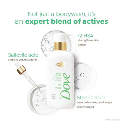 DOVE Acne Clear Serum Body Wash, 300 ml, for Clearer Skin, with 1% Salicylic Acid, Reduces Blemishes and Breakouts, Sulfate-Free, Dermatologist Approved