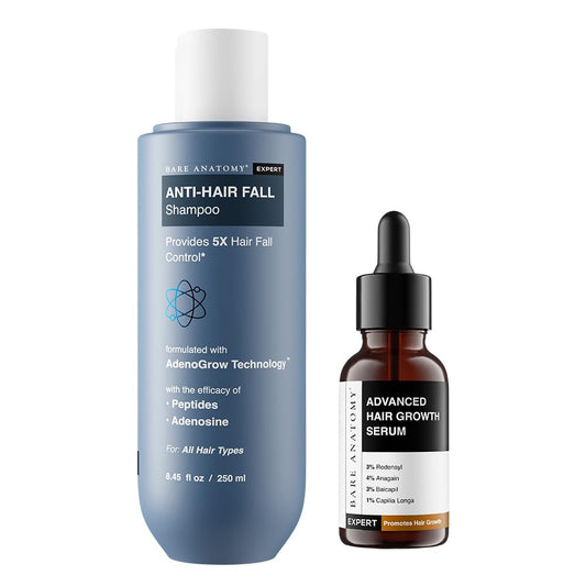 Bare Anatomy Expert Anti-Hair Fall Shampoo (250ml) & Advanced Hair Growth Serum (30ml) | Adenosine, Peptides, Redensyl, Rice Water, & Rosemary | Hair Growth & Hair Fall Control Combo for Women & Men