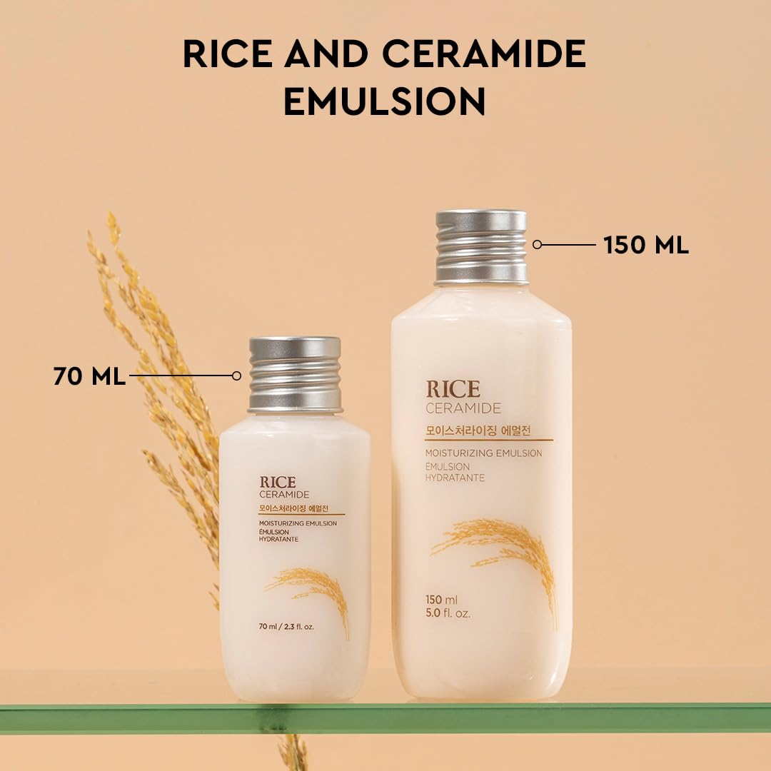 Two bottles of Rice and Ceramide Emulsion with labels indicating volume on a beige background.